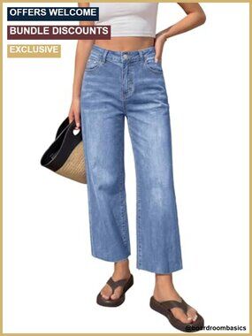 High Waisted Straight Leg Cropped Denim Jeans Raw Hem Stretch